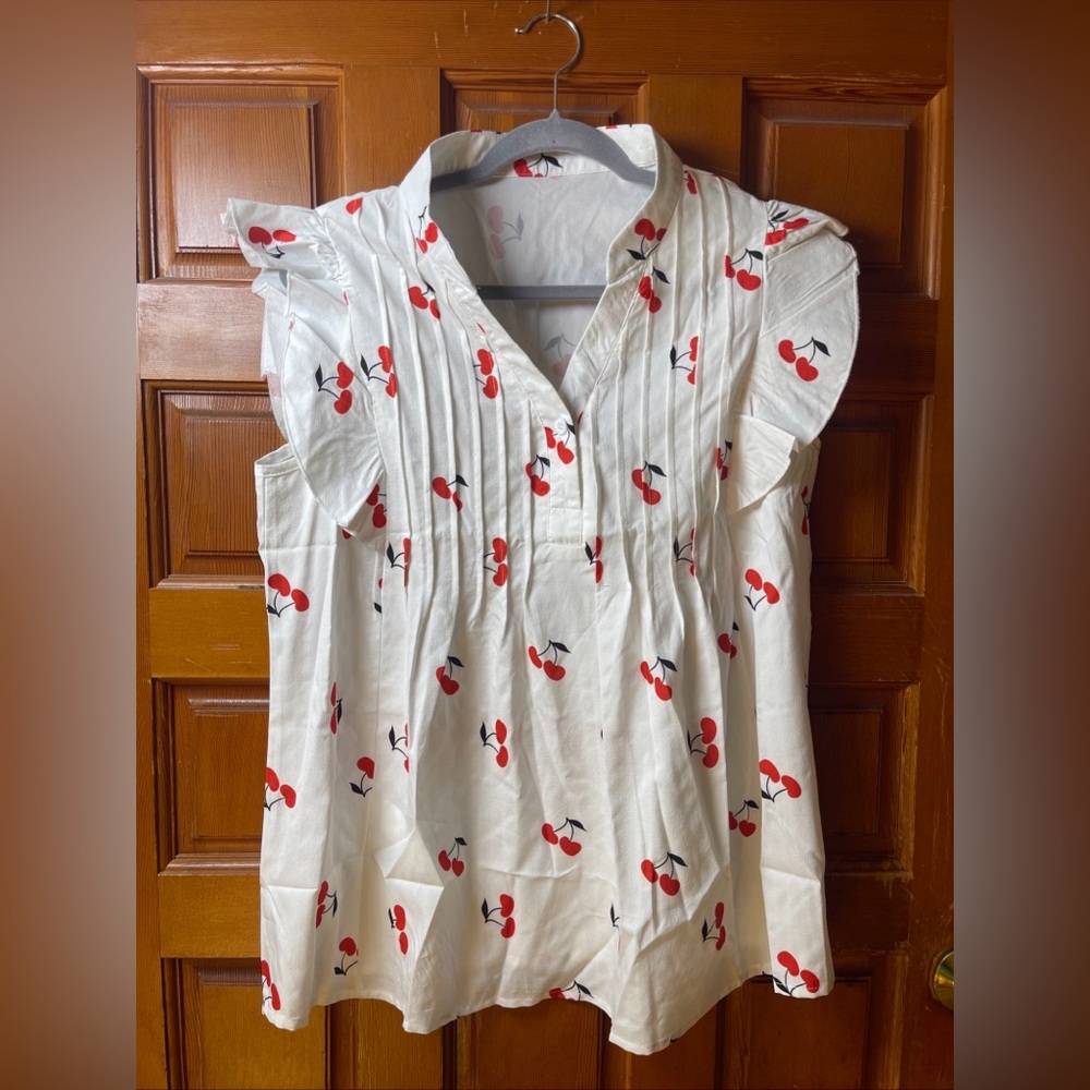 Cherry Print Ruffle Sleeve Top